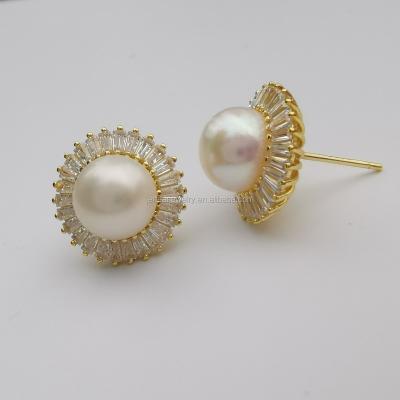 China OEM ODM Luxurious High Quality Real Silver Gold Plated Single CZ Pearl Earring Stud Freshwater Jewelry Customizing Stick Earring Jewelry for sale