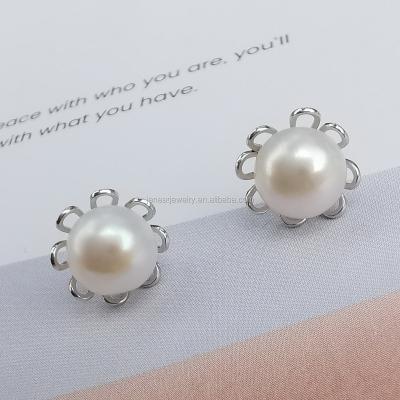 China OEM Elegant High Quality Genuine Solid Silver Rhodium Plated Real 925 Silver Real Flower Pearl Stud Earring Freshwater Pearl Earrings for sale