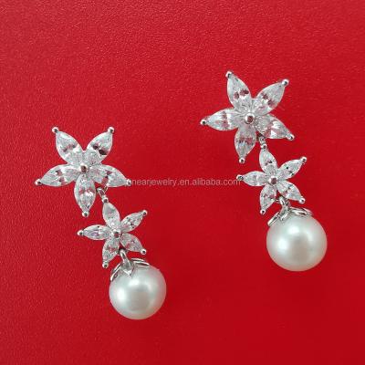 China Luxurious Customize ODM 925 Sterling Silver Rhodium CZ Pearl Ear Stud Jewelry OEM Freshwater Silver Pearl Flower 925CZ Earrings Studs for sale