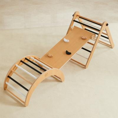 China Kids Furniture Indoor Montessori Triangle Wooden Climbing Frame Set With Ramp Arch for sale