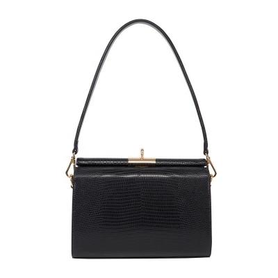 China Fashion Trunk Vintage Handbag Vintage Genuine Leather Black Single Shoulder Bag Underarm Portable Women Cowhide Lizard Small Box Single Shoulder Bags In Stock for sale