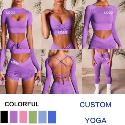 China New 2022 Custom Style Breathable Lady Fitness Suit Sportswear 5 Pieces Set Seamless Yoga Shorts Set Yoga Pants Sets for sale