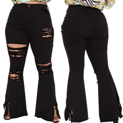 China New breathable 5XL fashion lady high waist hollow out slim denim plus size stretch jeans ripped bell bottomjeans for women for sale