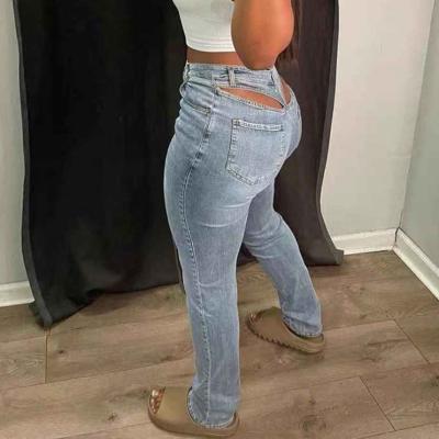 China Latest Sustainable Trendy Straight Leg Cutout Women Jeans Pants Low Waist Ladies Denim Pants for sale