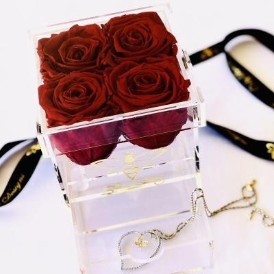 China Glamdisplay viable preserved roses box for keepsake acrylic flower box for pmma wedding gift display of 4 real roses for sale