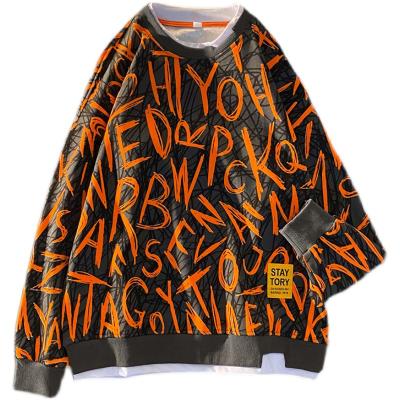 China Oversized Men's Spring Clothing Spring Piece Print Orange Whole Sweatshirt Custom Pullover Sweatshirt Anti-Shrink for sale