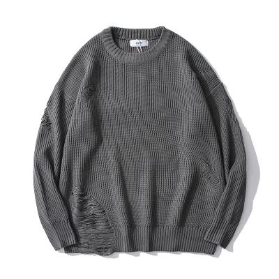 China Fashion Fringed Streetwear Men Anti-wrinkle Sweaters Loose Solid Color Distressed Knitted Pullovers for sale