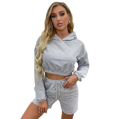 China Custom Sporty Anti-Wrinkle Pieces Both Sets Crop Top Hoodie And Drawstring Skinny Shorts Sport Wear Outdoor Suit Women for sale