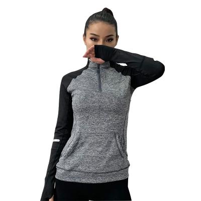 China Antibacterial Women Dry Running Training Sportswear Jacket T-shirt Thumb Slim Fit Half Hole Zipper for sale