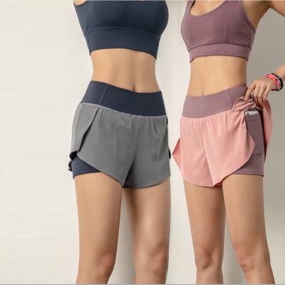 China Antibacterial Fake Two Pieces Workout Yoga Fitness Women Sports Gym Booty Shorts With Inside Pocket for sale