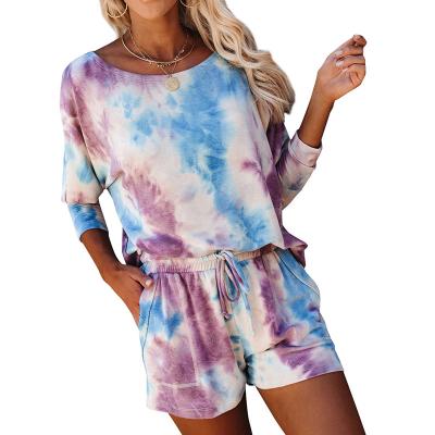 China 2021 Amazon Autumn Winter Women's Pajamas Breathable Tie Dye Drawstring Home Wear Long Sleeve Shorts Set for sale