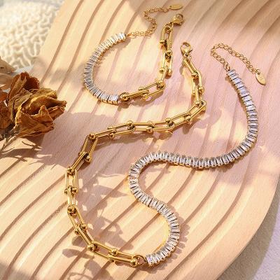 China GOLDVAST FASHIONABLE French U Shaped Horseshoe Chain Link Cubic Zirconia Stainless Steel Necklace Bracelet Set 18k Gold Plated Jewelry for sale