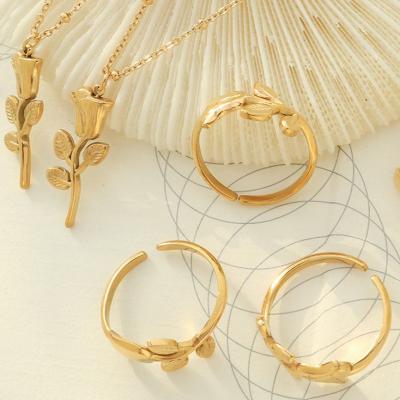 China FASHIONABLE French Vintage 18k Gold Plated Jewelry Romantic Rose Necklace Ring Jewelry Set Stainless Steel Jewelry for sale