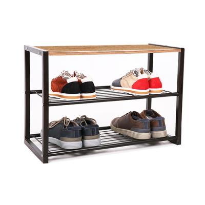 China Vintage 3-Tier (Height) Metal Frame Adjustable Shelf Storage Organizer Wooden Shoe Rack Industrial Bench With Seat for sale