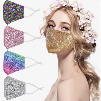 China Custom Wholesale Washable Reusable Cloth Cotton Strip Fashion Cloth Bling Cottonmasks Dust Face Cover SequinsMasks For Women for sale