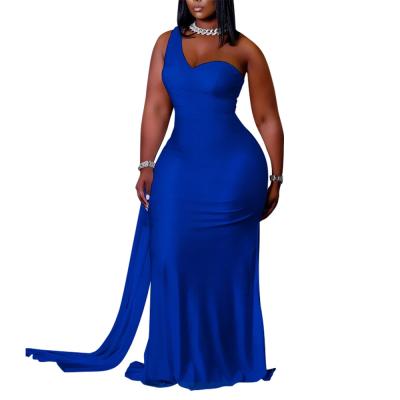 China Sheer Layer 2022 Elegant Satin One Shoulder Prom Party Dresses Plus Size Maxi Evening Dress With Ribbon plus size dress for sale