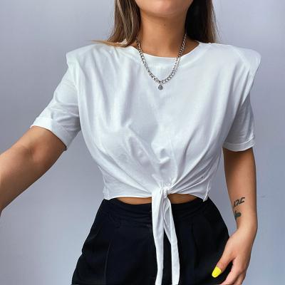 China Factory fashion QUICK DRY ladies tied blouse top epaulet white women's short sleeve loose T-shirt for sale