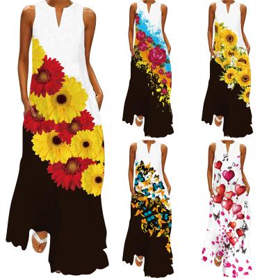 China 2021 New Design Women's Summer Anti-Static Sleeveless Print V-Neck Floral Dress Plus Size Loose Long Skirt for sale