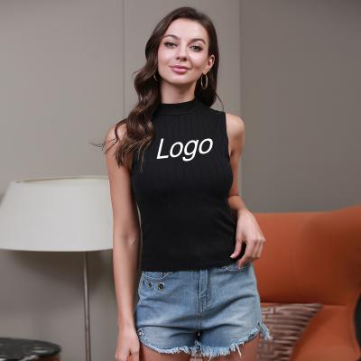 China Custom Logo Solid Color Knit Promotional Sleeveless Blouse Anti-wrinkle Factory Neck Simple Round Vertical Stripes Slim Fit and Show Your Fig for sale