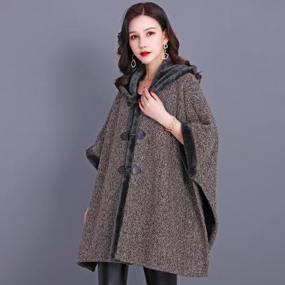 China European And American Hooded Cardigan Mid Length Button Bat Three Quarter Sleeves Viable Plus Fur Cashmere Poncho Shawl for sale