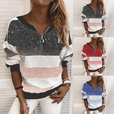 China Autumn New Loose Plus Size Viable T-shirt Tops Women's Pullover Zipper V-Neck Long Sleeve Sweater Ladies Thin Casual Clothing for sale