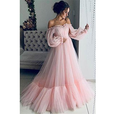 China Sheer Layer Women Elegant Off The Shoulder Maxi Princess Dress For Party Ladies Fashion Long Sleeve Skirt Ball Gown Formal Wedding Dress for sale