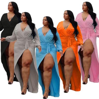 China Sheer Layer Plus Size Dress For Woman V Neck Lace Up Pleated Casual Dresses Women Bonding Slit Solid Color Long Plus Size Dress for sale