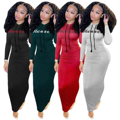 China Best Selling Viable Casual Hooded Solid Color Maxi Casual Pleated Women's Dresses 2021 Autumn Winter Fashion Dress For for sale