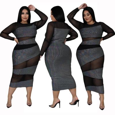 China TRANSLUCENT fat woman plus size women's long-sleeved transparent mesh evening club dress fat women's dress for sale