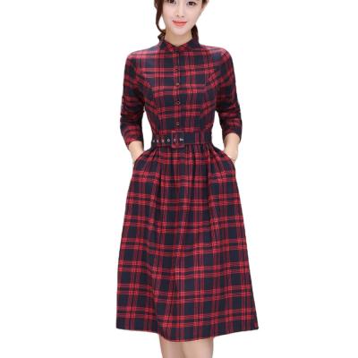 China Fashionable new spring and autumn clothing women anti-static plaid dress sheath long mini skirt belt plaid dress for sale