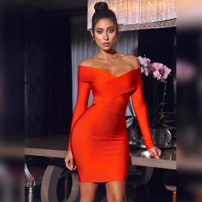 China Anti-Static Orange Dress Bandage Midi Dress Women Fashion New Arrivals Bodycon Long Sleeve Dresses Factory Direct Sales for sale