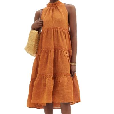 China Anti-static Ladies Orange Dress Summer Dress Sleeveless Tiered Ruffle Neck Canvas Bow Detail Casual Orange Dress for sale