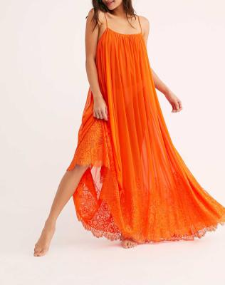 China High Quality Anti-Static Maxi Standard Loose Embroidered Lace Summer Casual Dresses Decorated Orange Lace Square Collar Dress for sale