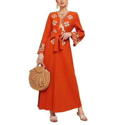 China Top Selling Anti-static Dress Embroidery Orange Tie Front Maxi Women Islamic Clothing Muslim Dresses Orange Dress for sale