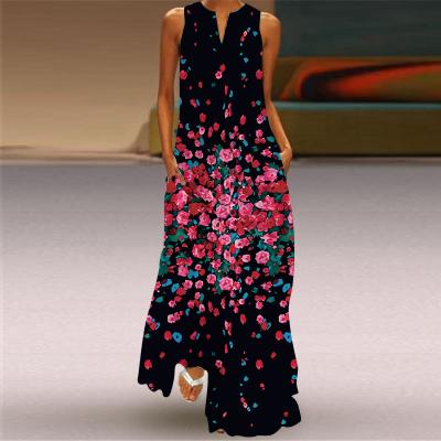 China 2021 Summer Pocket Dress Women's Long V-neck Breathable Digital Printed Dress Women's Large Size Ladies Dress for sale