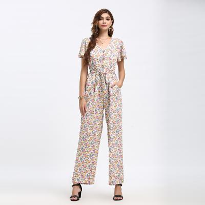 China QUICK DRY Most Popular Women Ladies Wide Leg Romper Floral Printing One Piece Casual Overalls Wide Leg Pants Wholesale for sale