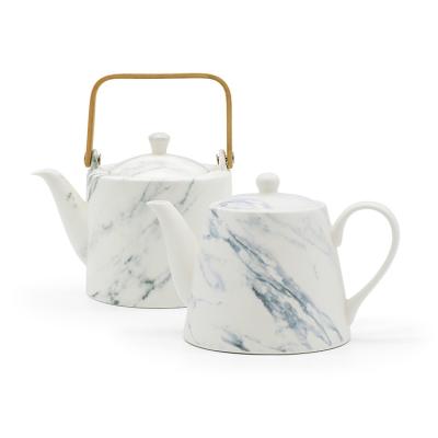 China Sustainable Handmade Matt Porcelain Marble Teapot Vintage Ceramic Tea Set 850cc Teapot For Restaurant for sale