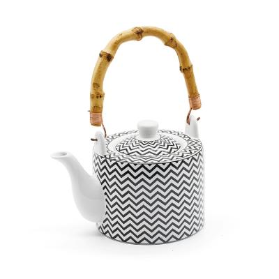 China Sustainable Wholesale Black Striped Ceramic Tea Set Teapot With Bamboo Handle And Cup For Tea And Coffee for sale