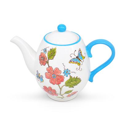 China Viable Custom Hand Painted Blue Handle Stoneware Tea Party Drinkware Ceramic Teapot for sale