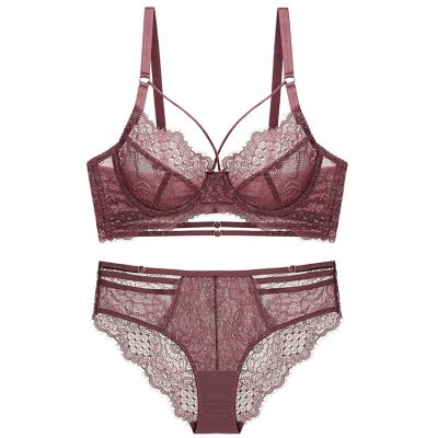 China Hot Selling Super Breathable Ultrathin QUICK DRY Embroidery Lace Up Mesh Bra Women Underwear Set for sale