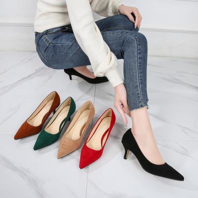 China Printed Women Pointed Toe Suede Plus Size Pumps Work Solid Kitten Heel Ladies Slip On Pumps for sale