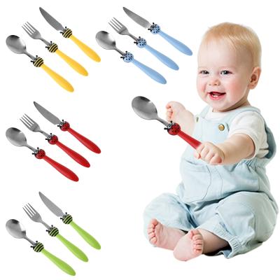 China New Arrivals Viable 3 Pcs Set Stainless Steel Kids Feeding Spoon Set Fork Cartoon Tableware Cutlery Set for sale