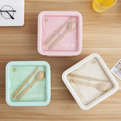 China Freshness Preservation Wheat Straw Microwave Large Capacity Compartment Sealed Degradable Lunch Box With Tableware For Adults And Kids for sale