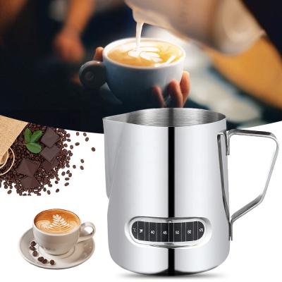 China 600ml Milk Frother Latte Art Steaming Frothing Jug Stainless Steel Sustainable Milk Frothing Jug With Thermometer for sale