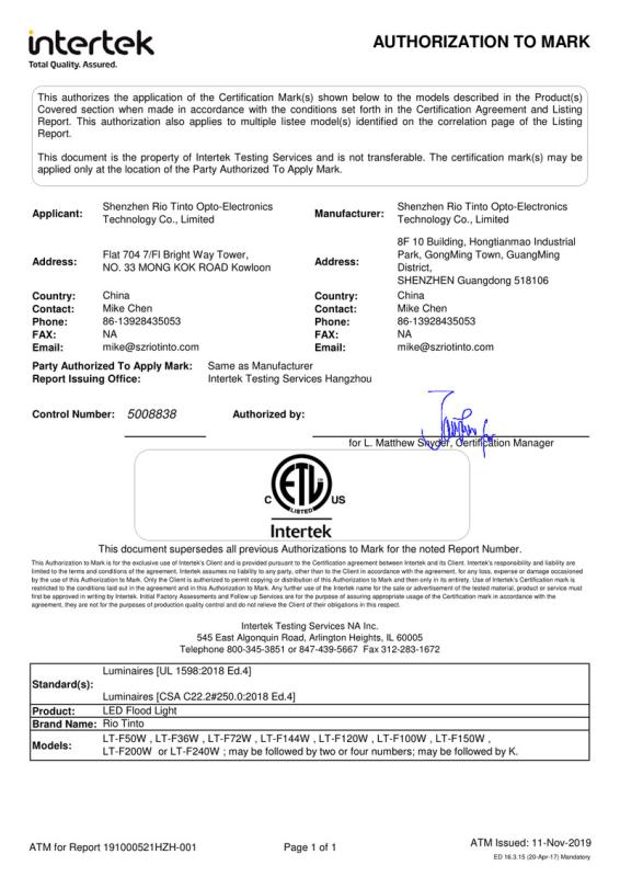 ETL - Shenzhen Rio Tinto Opto-Electronics Technology Co., Limited