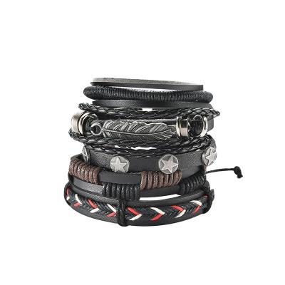 China New trend punk black vintage feather men's leather bracelet and bracelets star casual/sporty multi-layer handwoven bracelet for sale