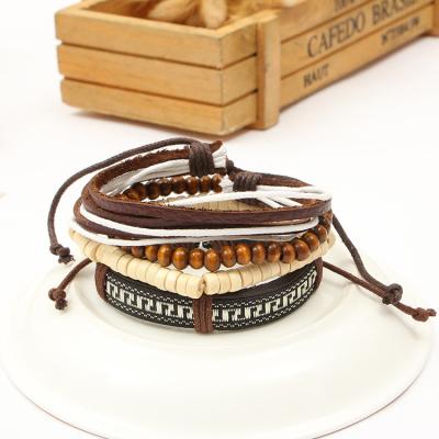 China Korean popular punk version of the fashion leather bracelet wooden beads bracelet multi-layer striped braided star the same accessories for sale