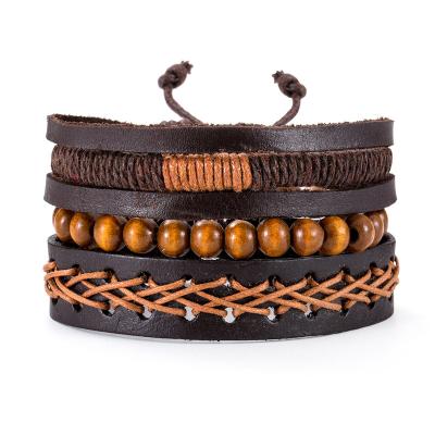 China Punk manufacturers the direct sale of the punk bracelet European and American hand-woven DIY hand fashion bracelet wooden bead cowhide jewelry for sale