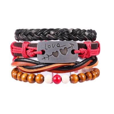 China Popular leather bracelet men's punk multilayer string wooden bead braided bracelet accessories wholesale for sale