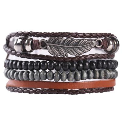 China Punk Feather Leaves Retro Trend Hand Rope Manufacturers Leather Multilayer Bracelet Supply Direct Sales for sale